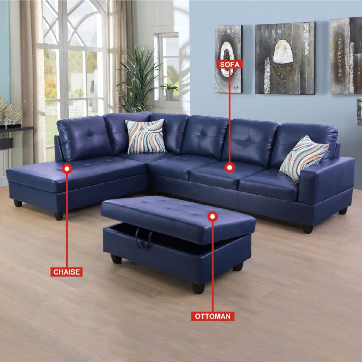 UOCFYK L-Shaped 3-Piece Semi PU Synthetic Leather Sofa with Storage Ottoman Set, Sectional Couch Sofa Set for Living Room, Office, Small Space, Blue