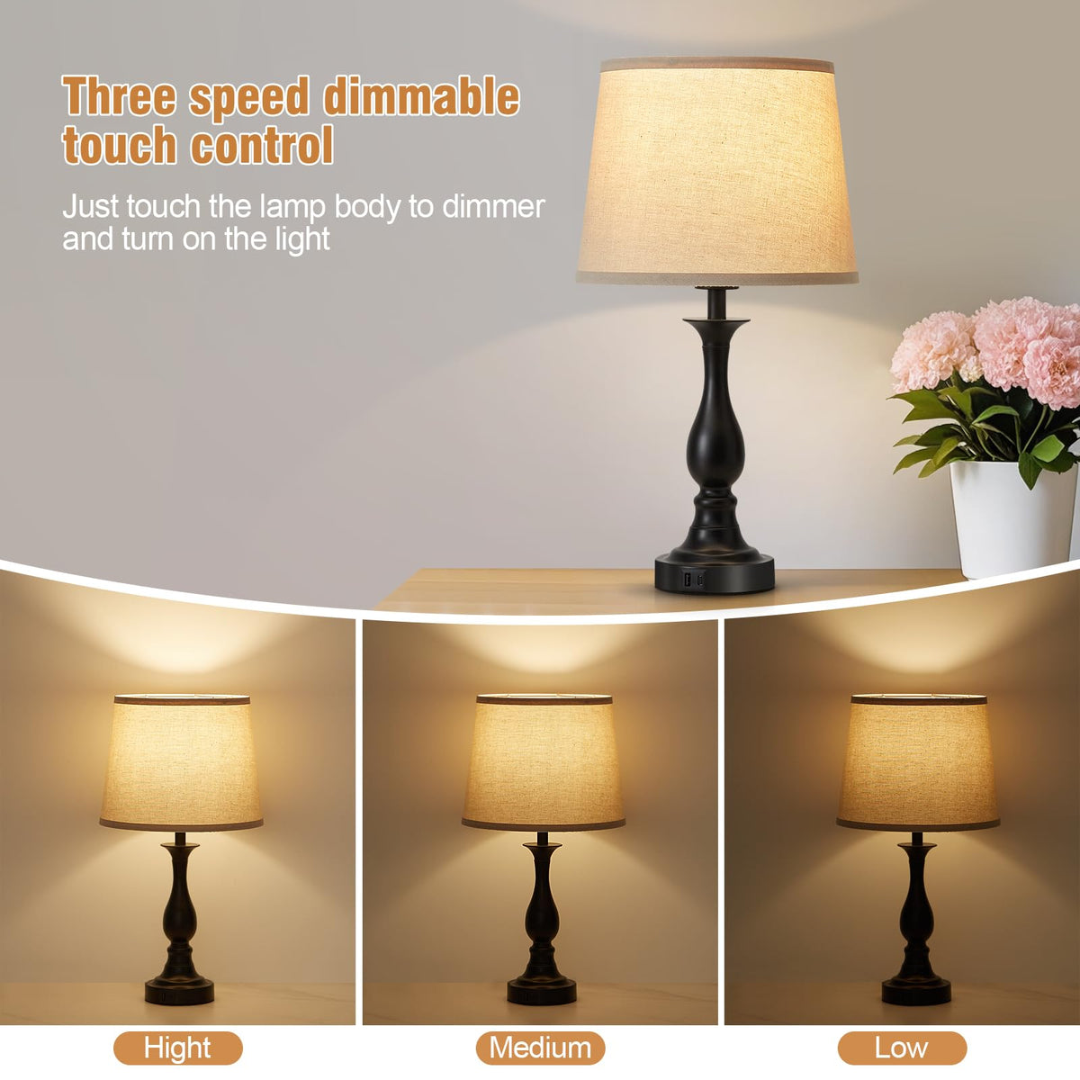 Bedside Table Lamp Touch Control Bedroom Lamps with USB A and C Charging Port 3 Way Dimmable Touch Lamps for Nightstand Living Room Bedroom Dorm Home Office Reading, Set of 2