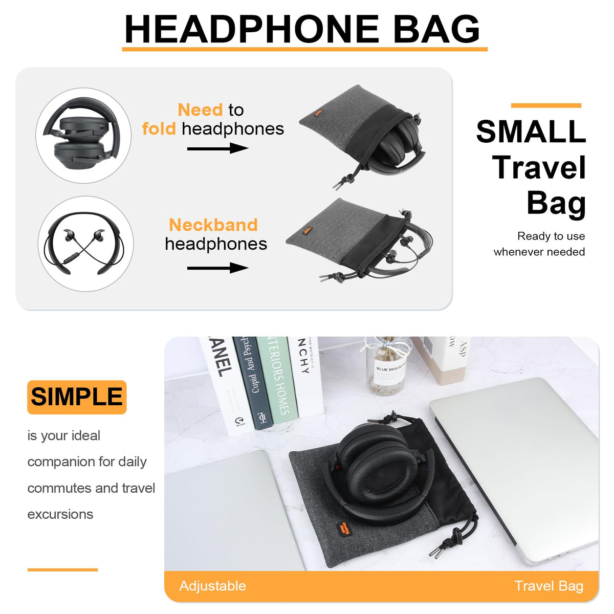 Desing Wish Lightweight Headphone Storage Bag, Portable Headset Carrying Pouch Headphone Case Bag Soft Travel Pouch for Over-Ear Headphones/Gaming Headsets/Neckband Earbuds (Small Grey)