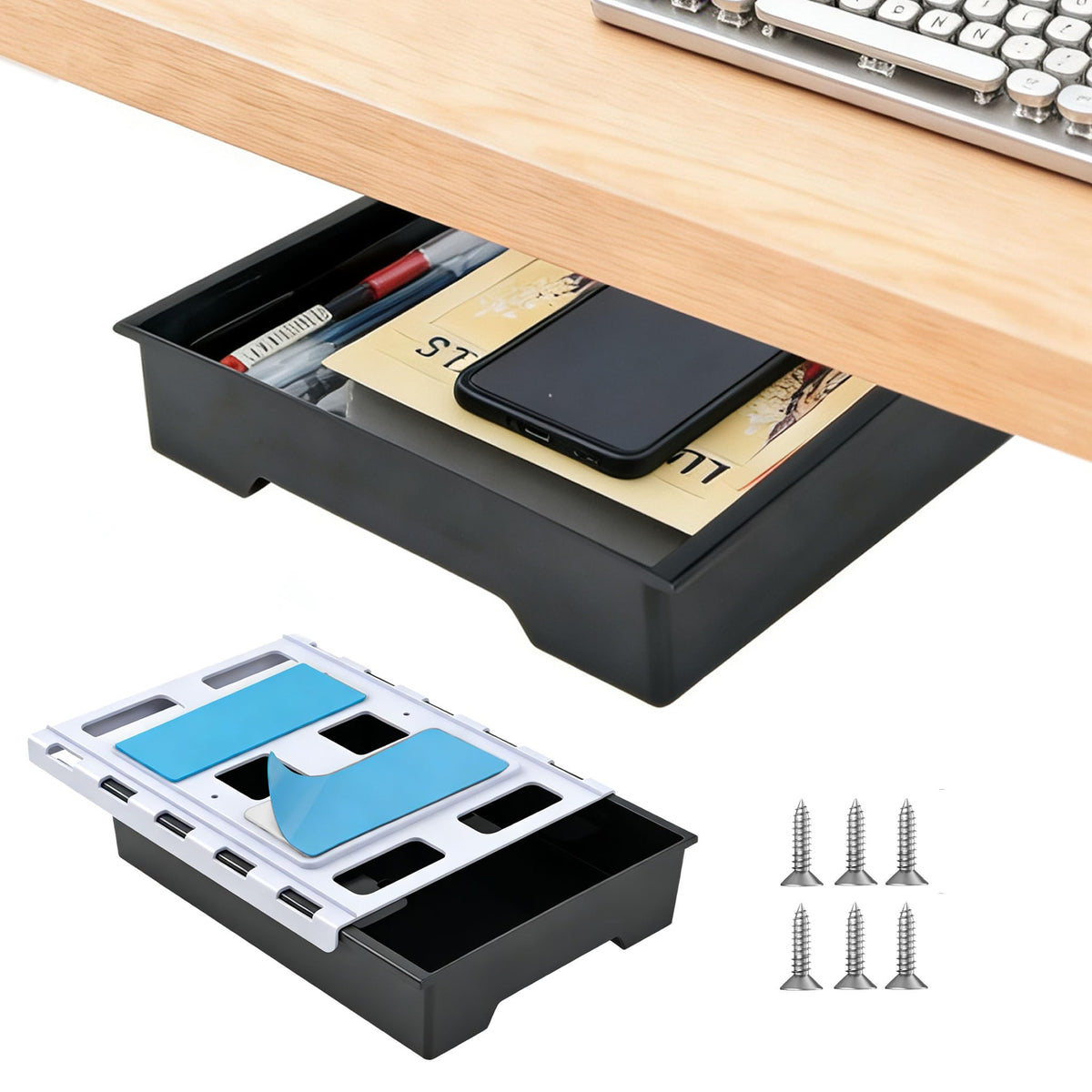Upgraded Super Capacity 11.85 "x 8.9" Under Desk Drawer Hidden Strorage Drawer Self-Adhesive Slide Out with Smooth Gliding Motion - Attachable & Space-Saving Under Desk Organizer with Screw Kit, Black