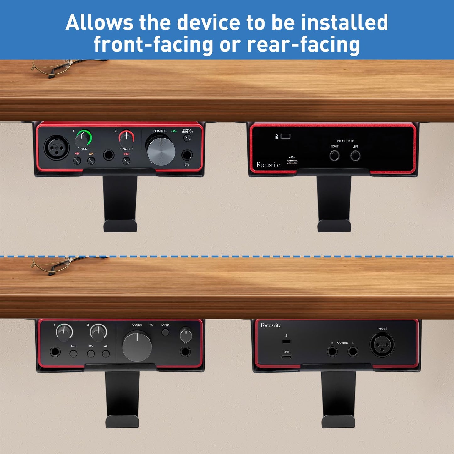 FSNIWEKO Under Desk Mount for Focusrite Scarlett Solo 3rd Gen/Solo 4th Gen with Headphone Hanger Stand,Under Desk Metal Shelf Organizer for Audio Interfaces and Studio Gear (Black Holder Only)