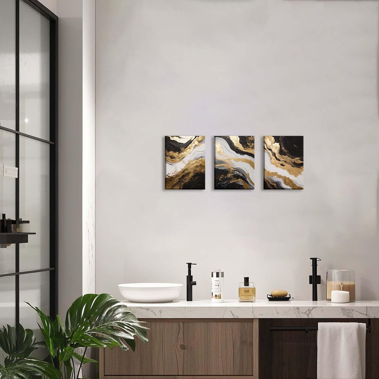 ZQARTZZQ 3 Piece Framed Wall Art Abstract Wall Decor Black Gold Pictures Marble Canvas Art Modern Minimalism Paintings Artwork For Living Room Bedroom Office 12x16in