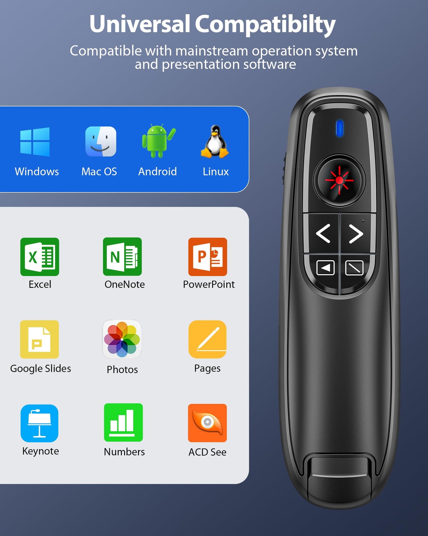 2-in-1 USB Type C Presentation Clicker Wireless Presenter Remote Clicker for PowerPoint Presentations with Pointer, RF 2.4GHz USB C PowerPoint Clicker Slide Advancer for Computer/Mac/Laptop