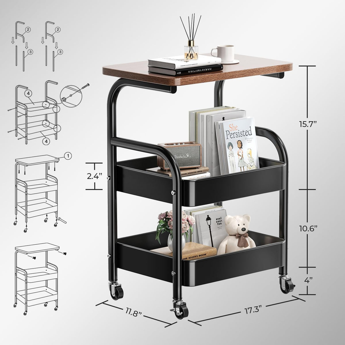 Y YOMA 3 Tier Rolling Utility Cart with Table Top, Metal Storage Organizer with Wheels for Small Space, Office, Kitchen, Bathroom, Dorm, Coffee Station - Black