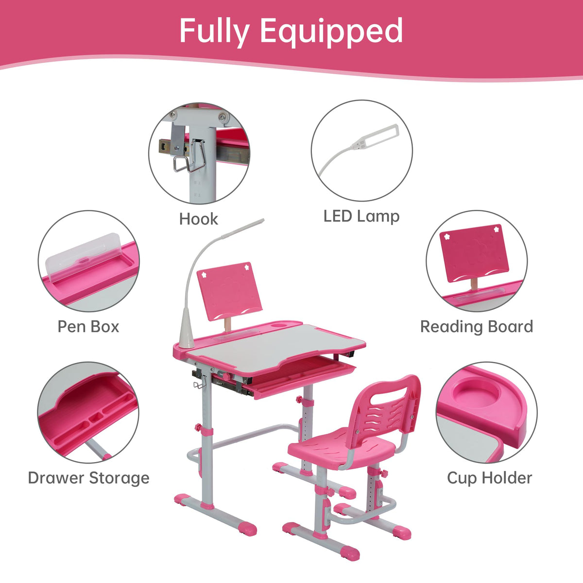 SMAGREHO Kids Desk and Chair Set, Height Adjustable Child's School Study Writing Tables with Tilt Desktop, LED Light, Storage Drawer, Book Stand (Pink)