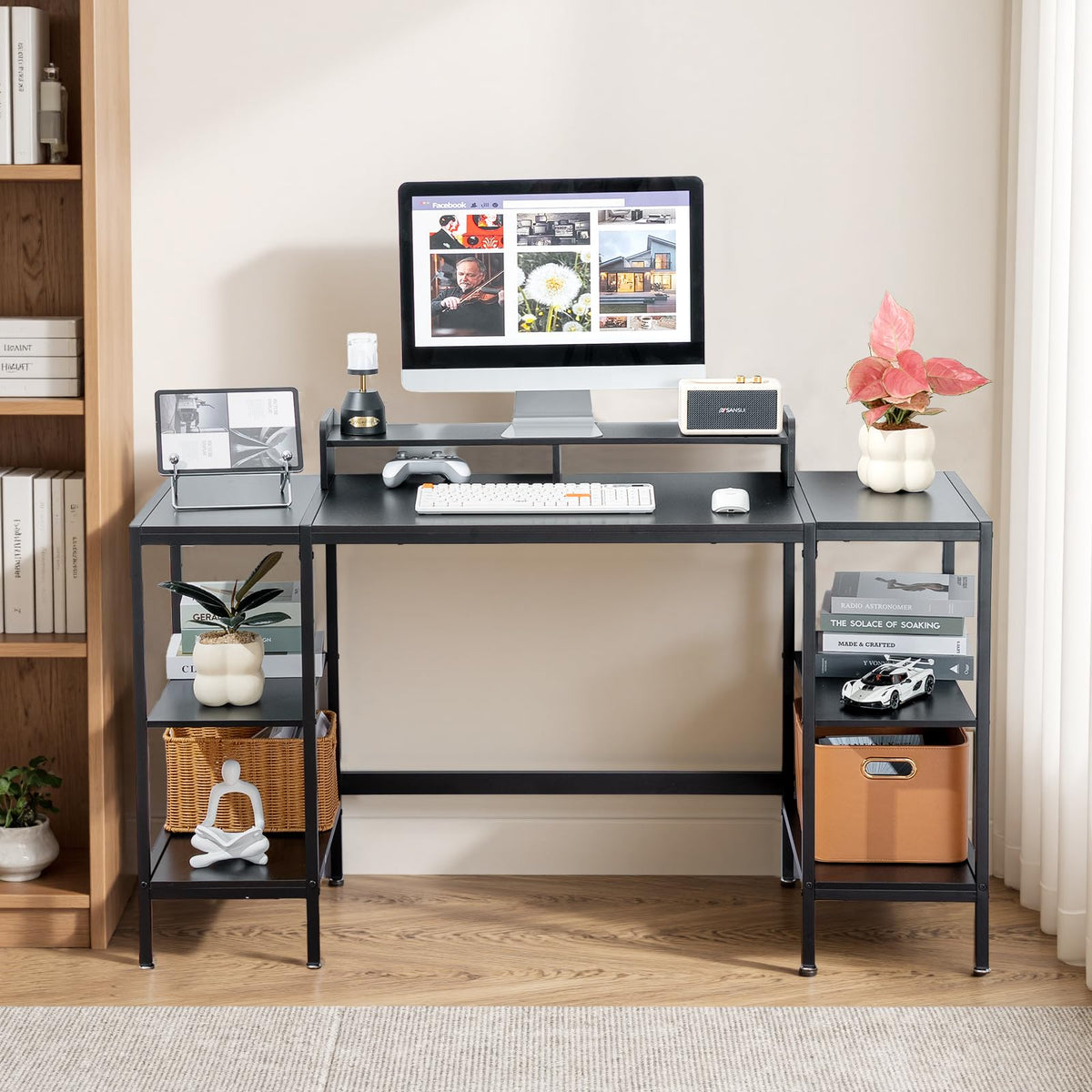 MINOSYS Computer Desk 55-inch with Storage Shelf - Black Ideal Gaming Desk for Bedrooms, Small Spaces, and Home Offices Modern Writing Desk for PCs.