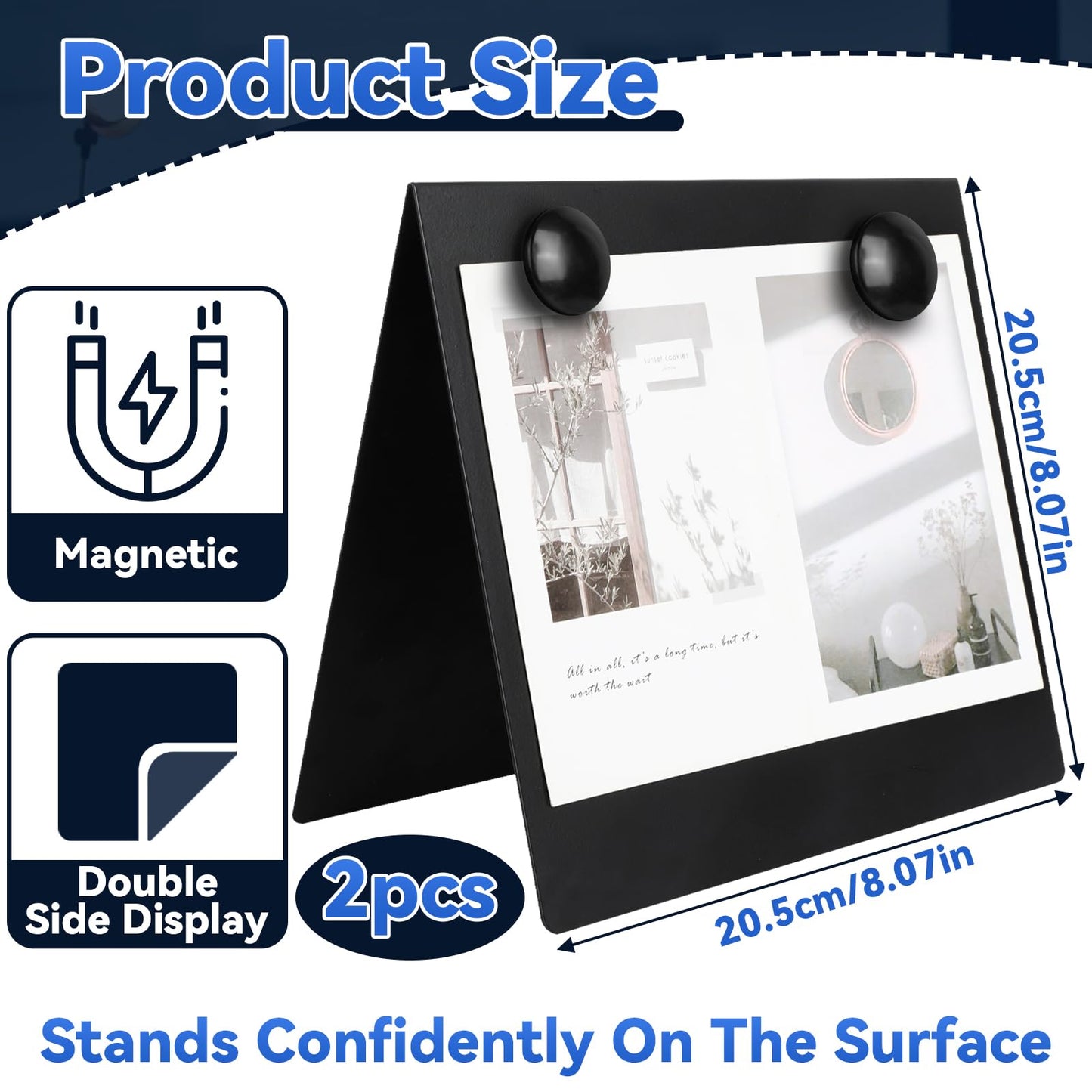 2 Pcs 8x8inch Magnetic Bulletin Board with 4 Magnets, Metal Magnet Display Board, Tabletop Memo Board, Memo Display Easel Stand for Home Kitchen School Office