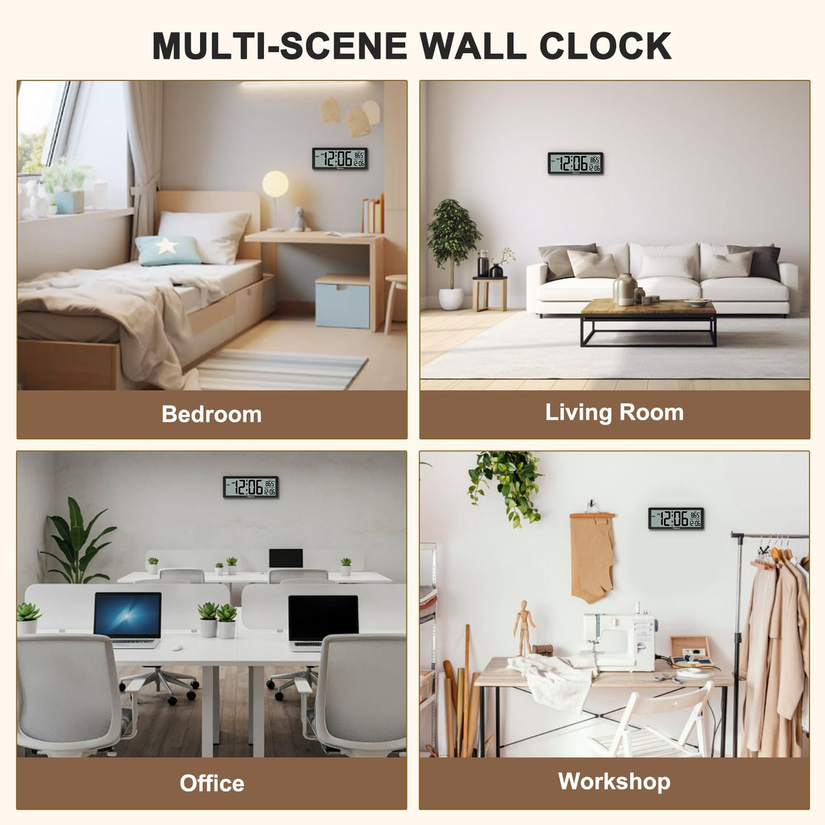 Soobest 8.5 Inch Digital Wall Clock Battery Operated with Backlight, Temperature, Date, Day & Auto DST, Black Slim Design for Elderly, Bedroom, Living Room, Office