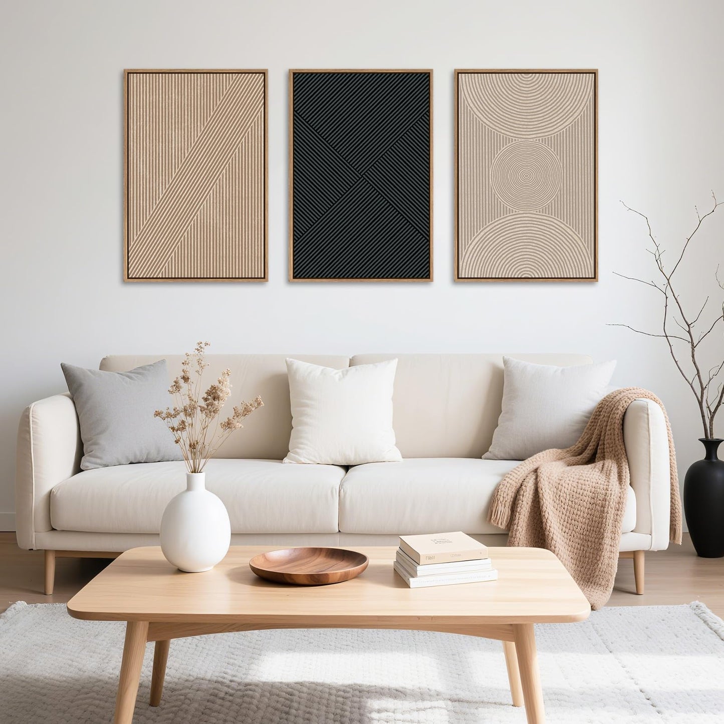 Ausril 3 Pcs Neutral Abstract Framed Wall Art, Mid Century Modern Canvas Wall Decor, Boho Geometric Line Wall Painting, Beige Minimalist Textured Art Print for Living Room Bedroom Office - 16x24inch