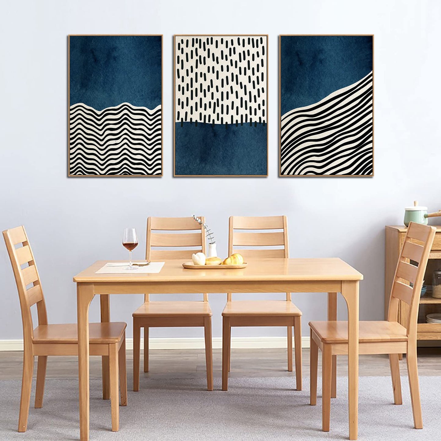 Framed Wall Art Canvas Set Mid Century Boho Picture Modern Abstract Geometric Lines Wall Decor Minimalist Black Indigo Canvas Painting Artwork Living Room Bedroom Home Office 24"x36"x3 Natural