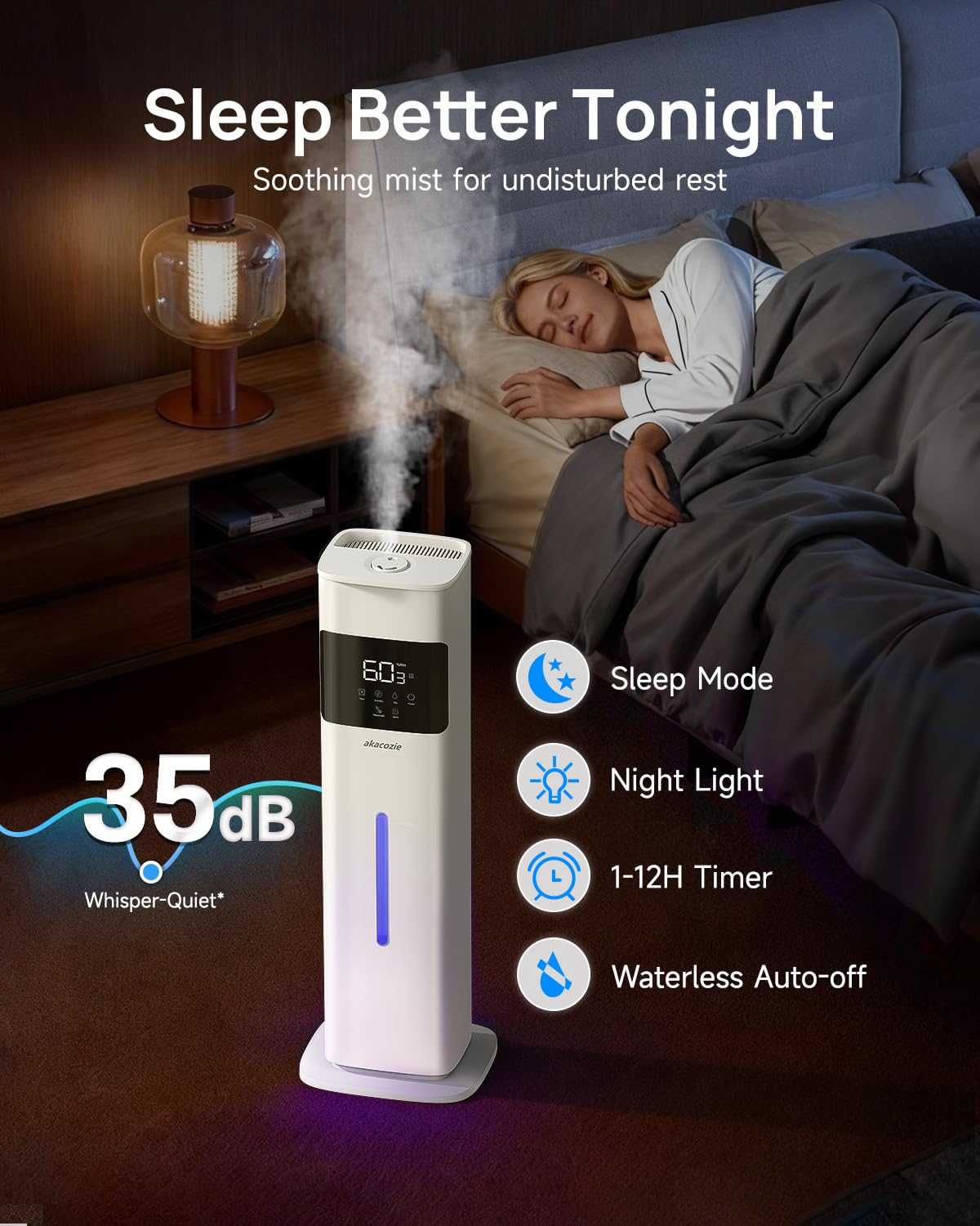 Akacozie Warm & Cool Mist Humidifiers for Bedroom 500 sq ft, 2.1Gal/8L Top-Fill Humidifier Large Room with Essential Oil Diffuser, Large Room Humidifiers for Home Baby Nursery Office Plants, White