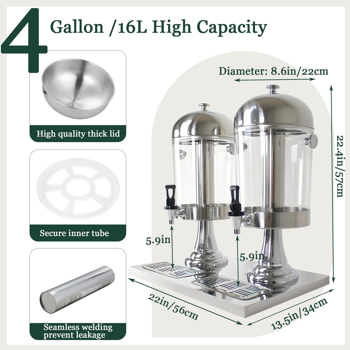 OIHYA 4 Gal Beverage Dispenser, Drink Dispensers for Parties, Hot Cold Drink Dispenser with Ice Container and Stainless Steel Drip Trays for Parties Buffet Catering Cold Drinks and Beer