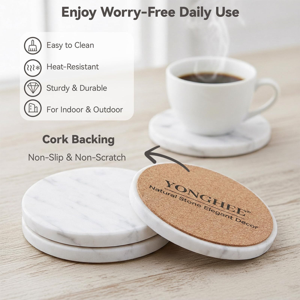 YONGHEE Soft White Marble Coasters Set of 6 with Holder, Elegant Drink Coasters for Coffee Table, 4" Polished Natural White Stone Coaster with Grey Veins - Heat Resistant, Non-Slip, Housewarming Gift