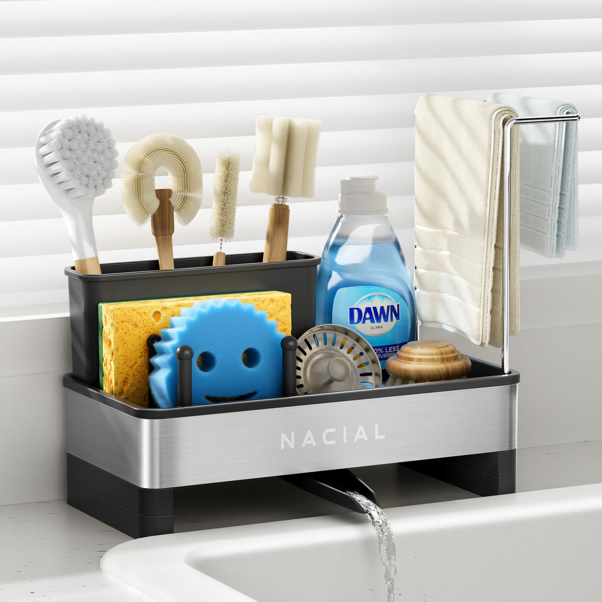 Nacial Kitchen Sink Caddy Organzier with High Brush Holder, Sponge Holder for Kitchen Sink with Two Towel Racks - Rustproof 304 Stainless Steel Kitchen Countertop Storage Essentials
