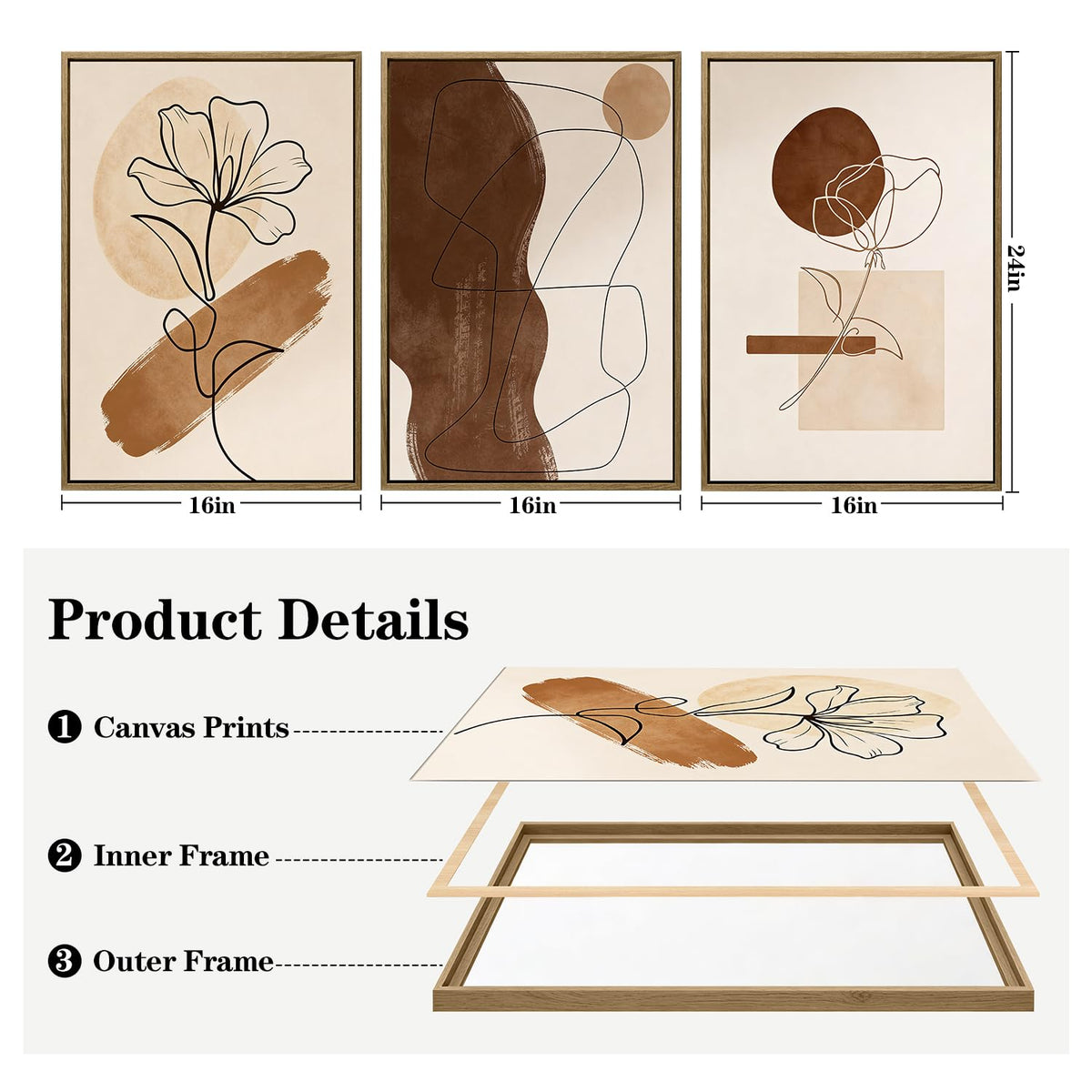 3Pcs Large Framed Botanical Canvas Wall Art, Modern Neutral Plant Abstract Canvas Prints, Minimalist Nature Wall Decor, Large Wall Art for Living Room Bedroom Office Farmhouse Decor 16 * 24in