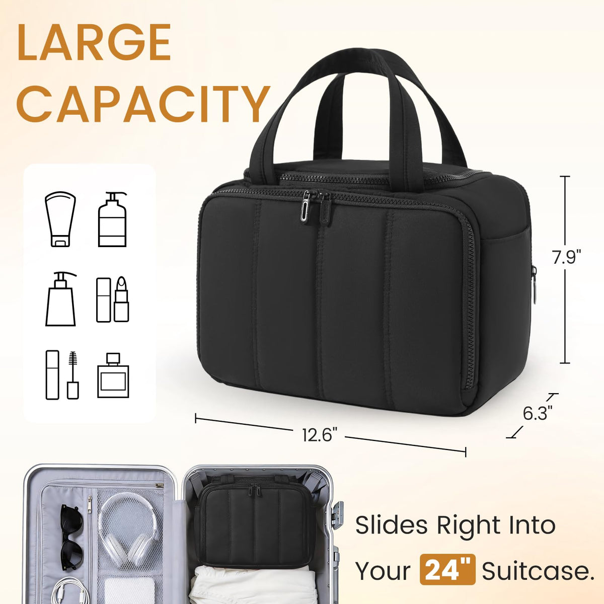 SODEER Toiletry Bag for Women Puffy Large,Travel Makeup Bag,Large Toiletry Bag with Adjustable Dividers,Waterproof Cosmetic Travel Bag with Trolley Sleeve,Toiletries Organizer,Black
