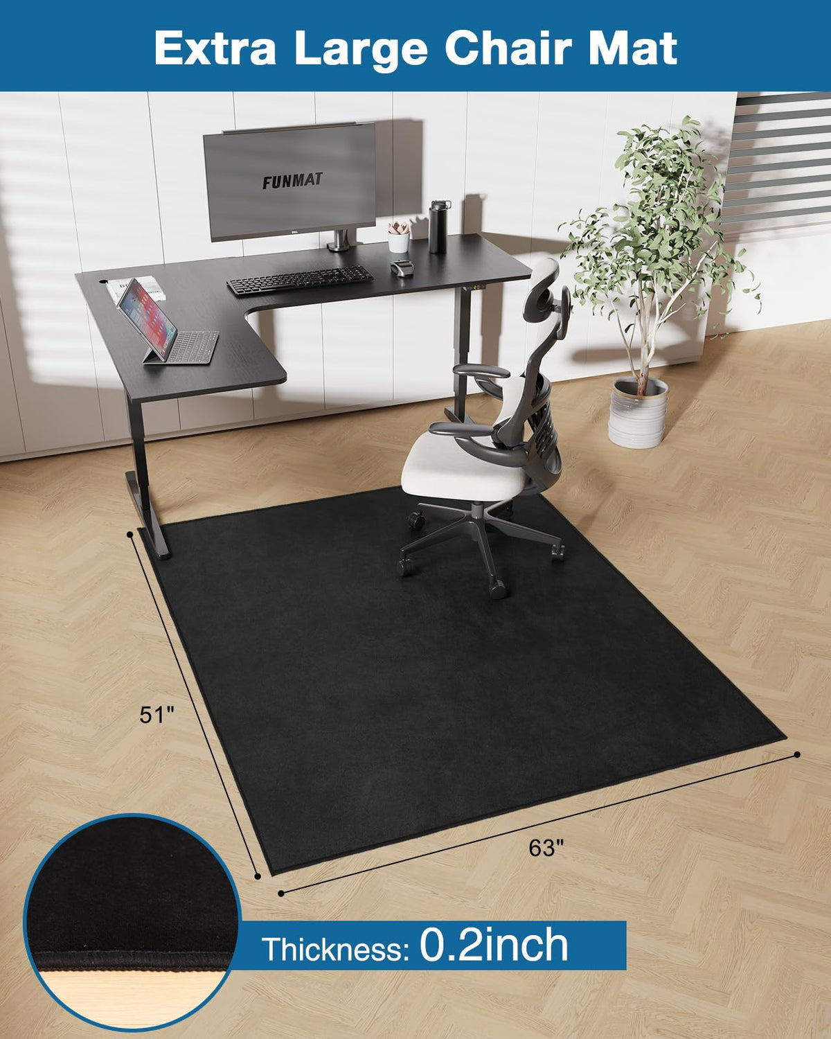 FUNMAT Office Chair Mat for Hardwood Floor, 51"x63" Flannel Fabric Large Chair Mat for Hard Floors, Non-Slip Under Desk Rug for Rolling Chairs, Soft Floor Protector Area Rug for Home Office, Black
