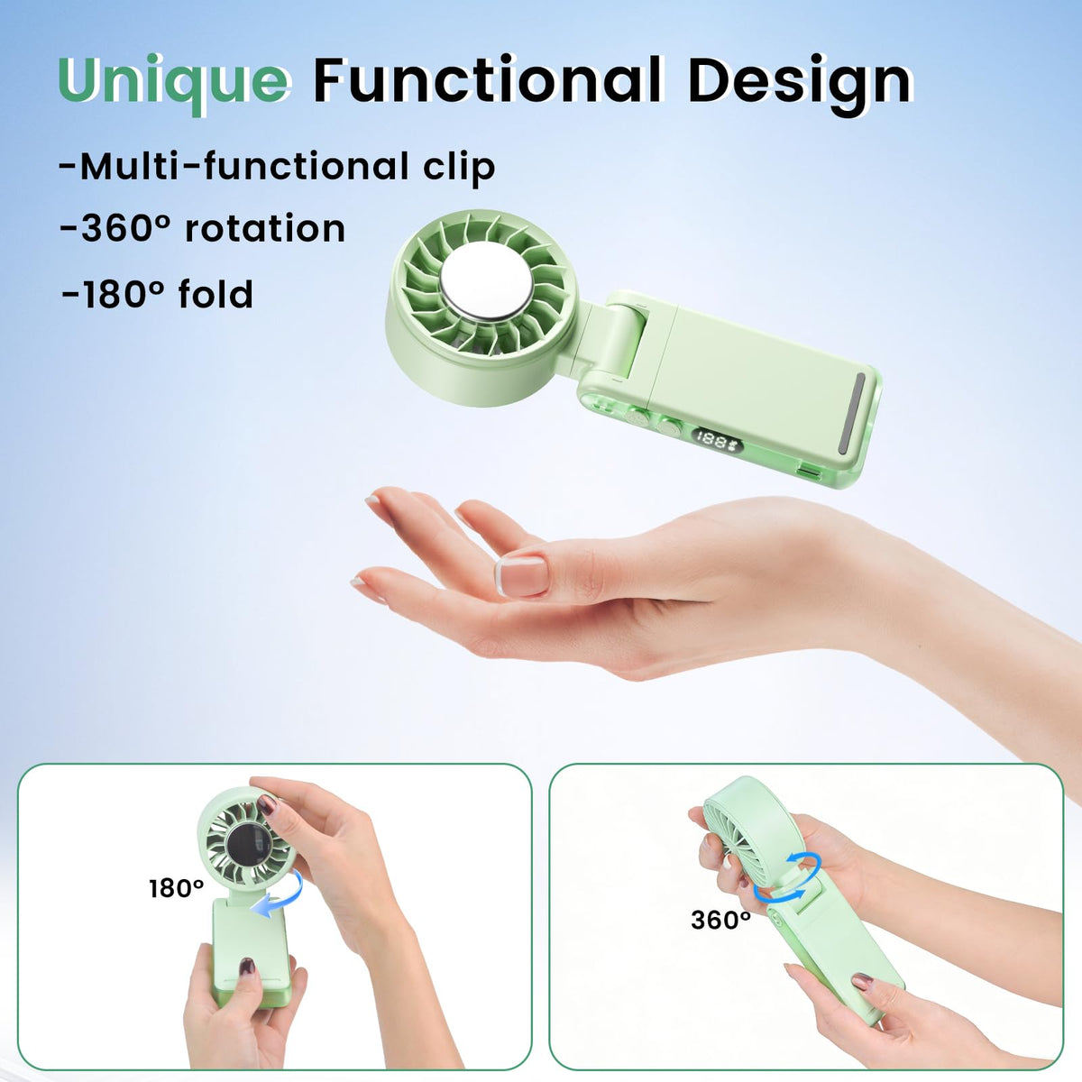 HEEYCEM 4-IN-1 Clip-On Portable Fan Rechargeable Handheld Mini Fan with lce Cooler,5 Gear High Speed 360° Rotatable Small Pocket Fans, for Outdoor, Travel, Beach, and Office (Green)
