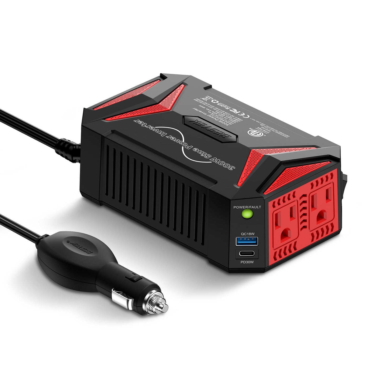 BESTEK 300W Pure Sine Wave Power Inverter - DC 12V to 110V AC Car Converter Plug Adapter Outlet with PD30W USB-C Fast Charger, Vehicle Cigarette Lighter Adapter for Laptop