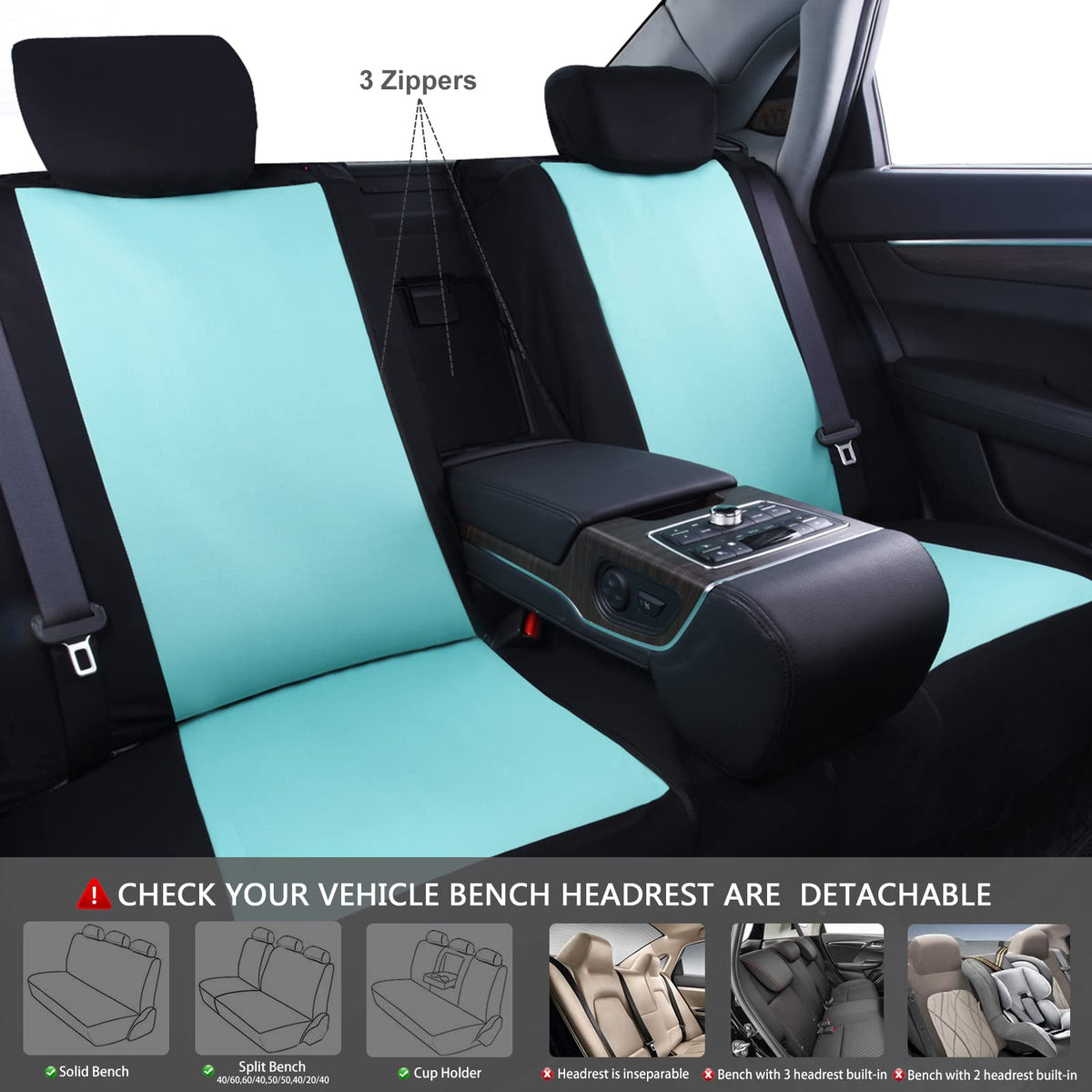 CAR PASS Line Rider Sporty Cloth 11PCS Universal Fit Car Seat Cover -100% Breathable with 5mm Composite Sponge Inside,Airbag Compatible,3zipper Bench(Full Set, Black and Mint)