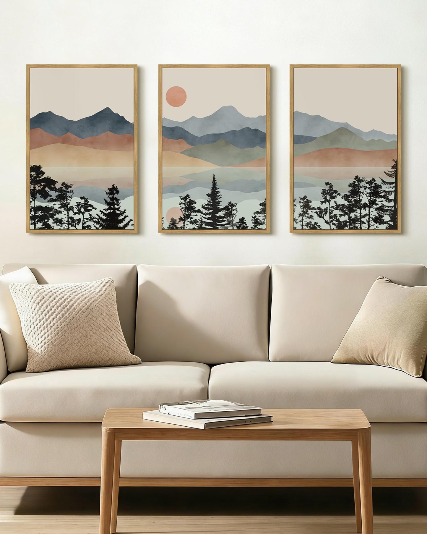 Drsoum Mountain Range Landscape Wall Art Framed Ink Wash Watercolor Nature Wall Decor Laker Sun Rises Prints Bedroom Living Room Ready to Hang 16x24in Natural Framed