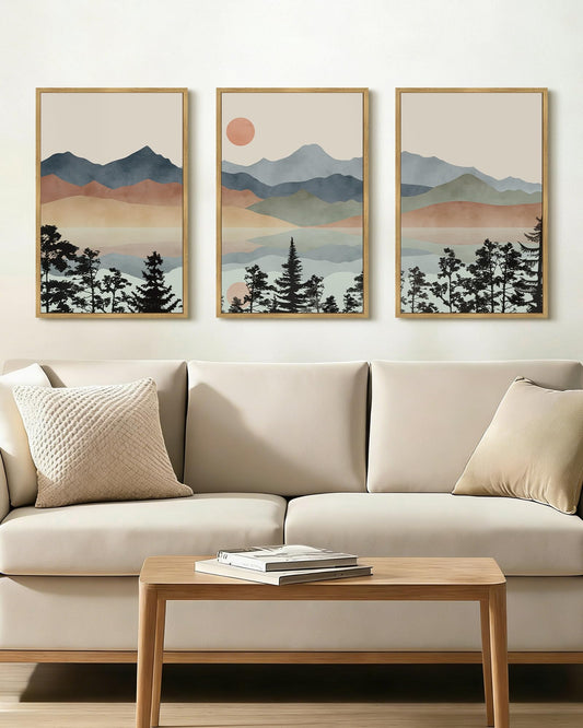 Drsoum Mountain Range Landscape Wall Art Framed Ink Wash Watercolor Nature Wall Decor Laker Sun Rises Prints Bedroom Living Room Ready to Hang 16x24in Natural Framed