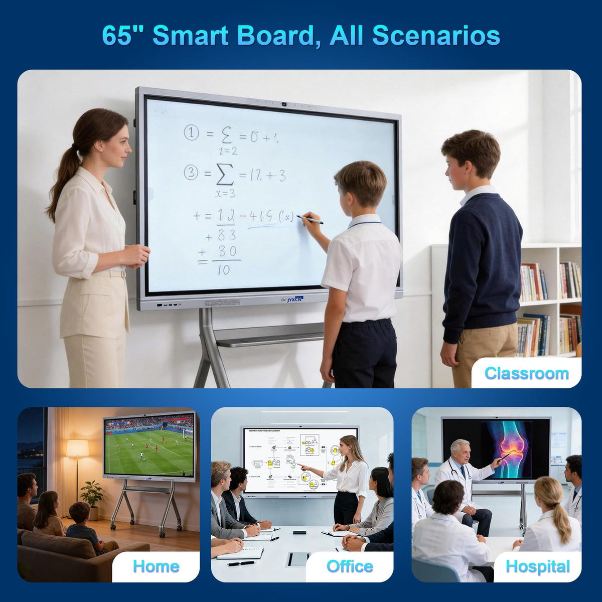 JYXCN 65" Smart Board, UHD 4K Interactive Digital Whiteboard Smartboard Android 11 & Windows 10 Dual System 8+256 GB & 20MP Camera | Touchscreen Electronic Smart Boards for Classroom Office Home