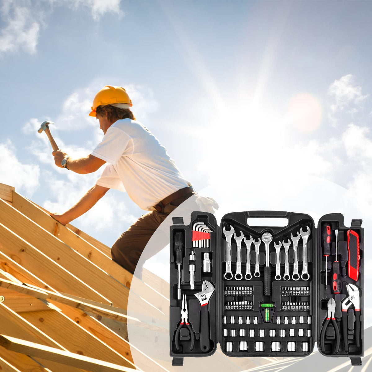 TLGREEN 95 Piece Tool Set, Tool Kit, Mechanics Tool Set, Portable Toolbox with Adjustable Wrench Pliers Socket Bits, with Plastic Toolbox, for House Apartment Garage (Red)