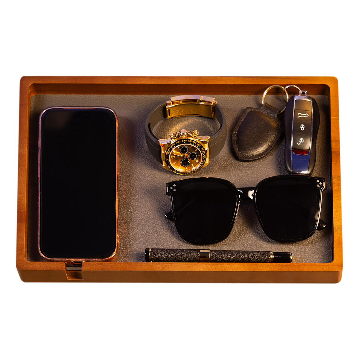 Shinpuru Wooden Valet Tray for Men, Nightstand Organizer with Leather Inlay, EDC Essentials Catchall Tray for Keys, Phone, Wallet, Watch, Earbuds - Bedside Desk Entryway Tray (Wood-Full)