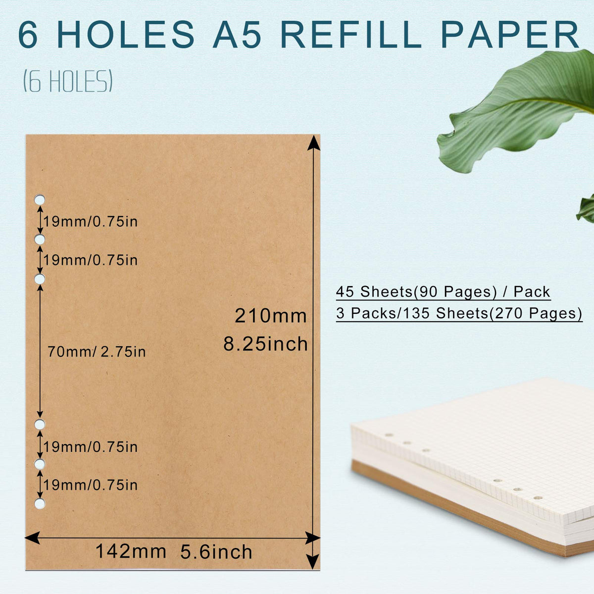 A5 Refill Paper, [3 Pack] Toplive 100GSM Thick Refillable 6 Hole Filler Inserts - 135 Sheets (270 Pages) for 6 Ring Binder Journal Notebook, Kraft