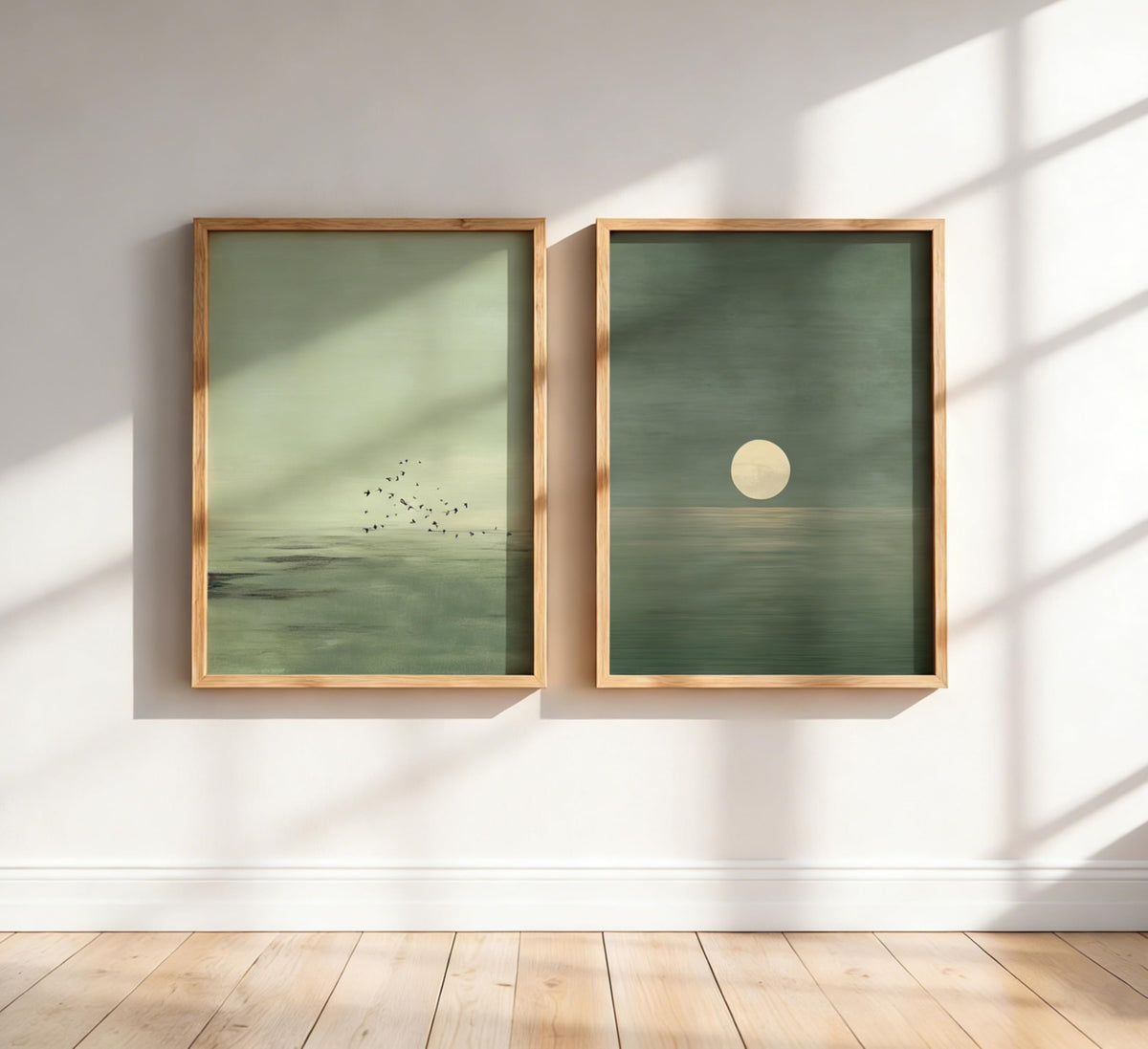 Framed Minimalist Sunset Wall Art Green Ocean Landscape Wall Decor Scandinavian Zen Painting Picture Abstract Landscape Poster Prints Artwork for Bedroom Living Room Office Meditation Room