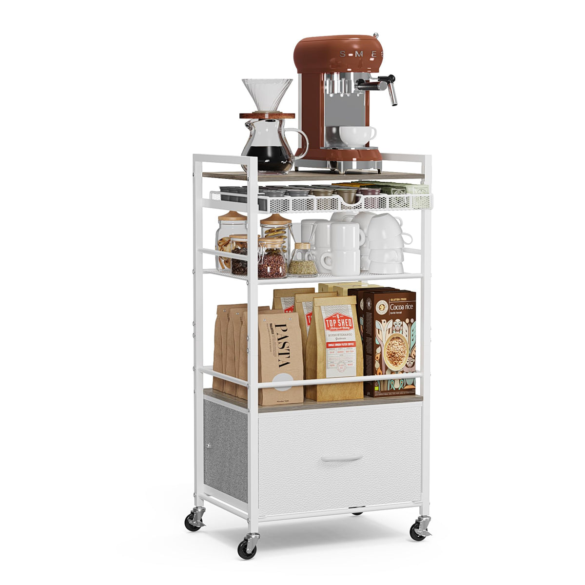 Lurgno Coffee Bar Cabinet with Storage，5 Tier Coffee Station Table on Wheels, 33.6" H Cart with Drawer for Home Kitchen, Liquor Buffet Sideboard Cabinet (Modern White)