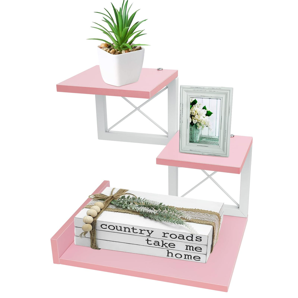 ELITEROO Desktop Shelf, Aesthetic Desk Organizer Table Top Mini Bookshelf, 3 Tier Wooden Desk Supplies Organizers and Storage Stand Cubicle Accessories for Women Office, Pink