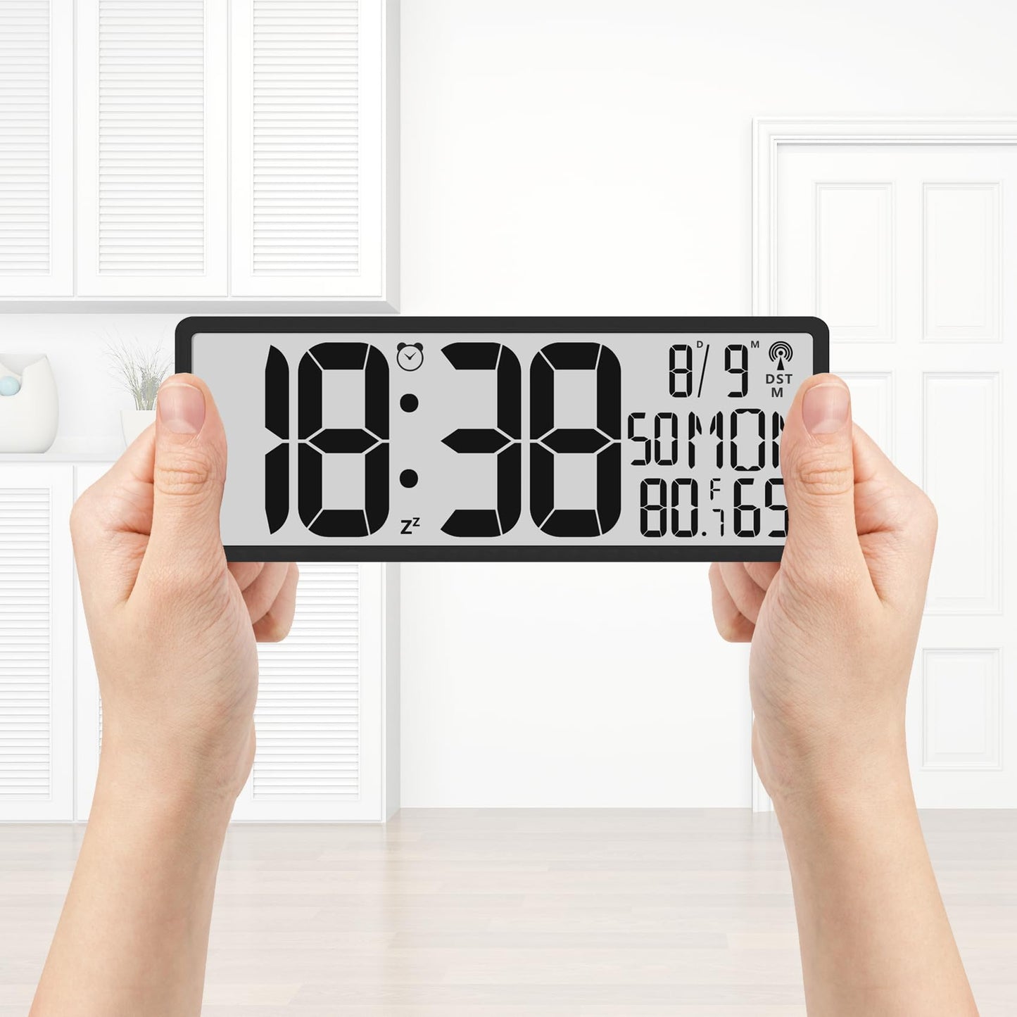 Digital LCD Atomic Desktop Clock, 7.8" Screen with Time, Date, Temperature, Humidity, Alarm, Snooze, DST, Time Zone for Home, Office (No Backlight)