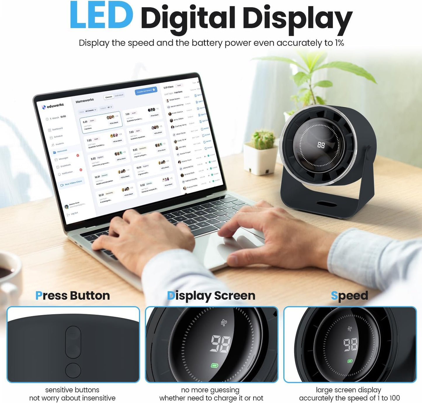 DURBESTER Small Desk Fan, 28dB Ultra-Quiet Desktop Air Circulator with 115° Adjustable Tilt, 100 Speeds, Rechargeable Battery, USB-Powered, Portable for Bedroom, Office, Kitchen, Travel -Bluish Black