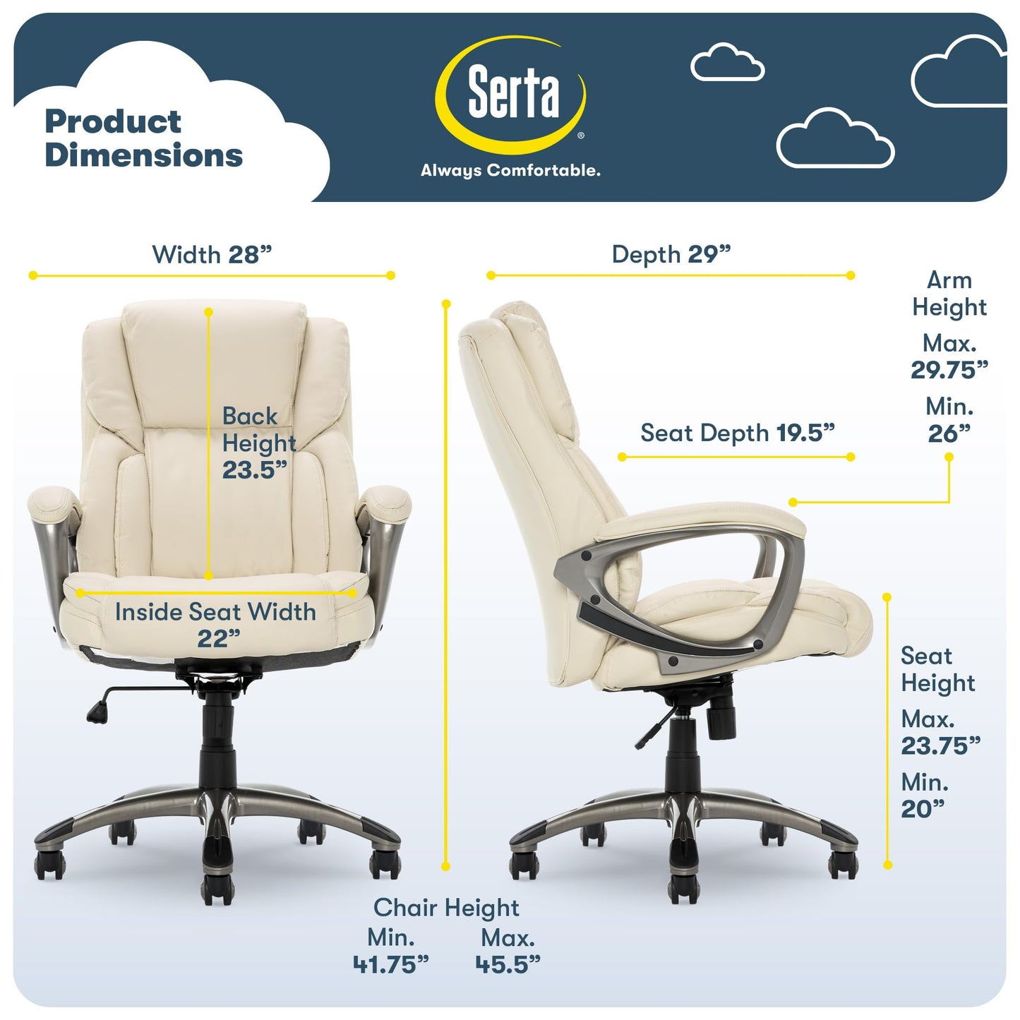 Serta Garret Executive Office Chair, Ergonomic Mid-Back with Lumbar Support, Semi-Plush Cushion and Body Pillows, Padded Armrests, Swivel Base, Bonded Leather, Ivory White