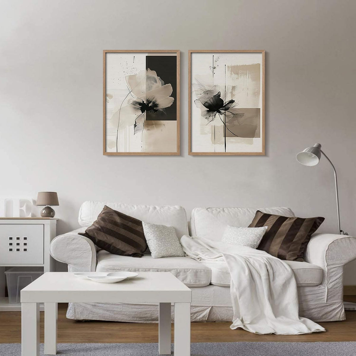 2Pcs Framed Black and White Flower Abstract Wall Art Modern Neutral Canvas Prints Posters Pictures Gallery Wall Decor Living Room Bedroom Office Apartment 12X16 Inch Ready to Hang