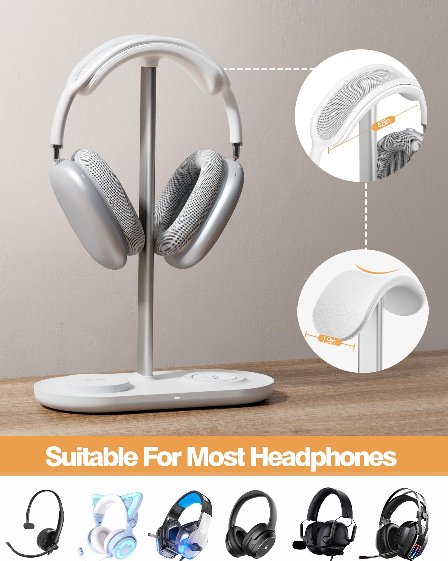 HiWe Headphone Stand, 2-in-1 Wireless Charger for iPhone/Apple Watch, Aluminum Alloy Rod, Minimalist Desk Organizer, White