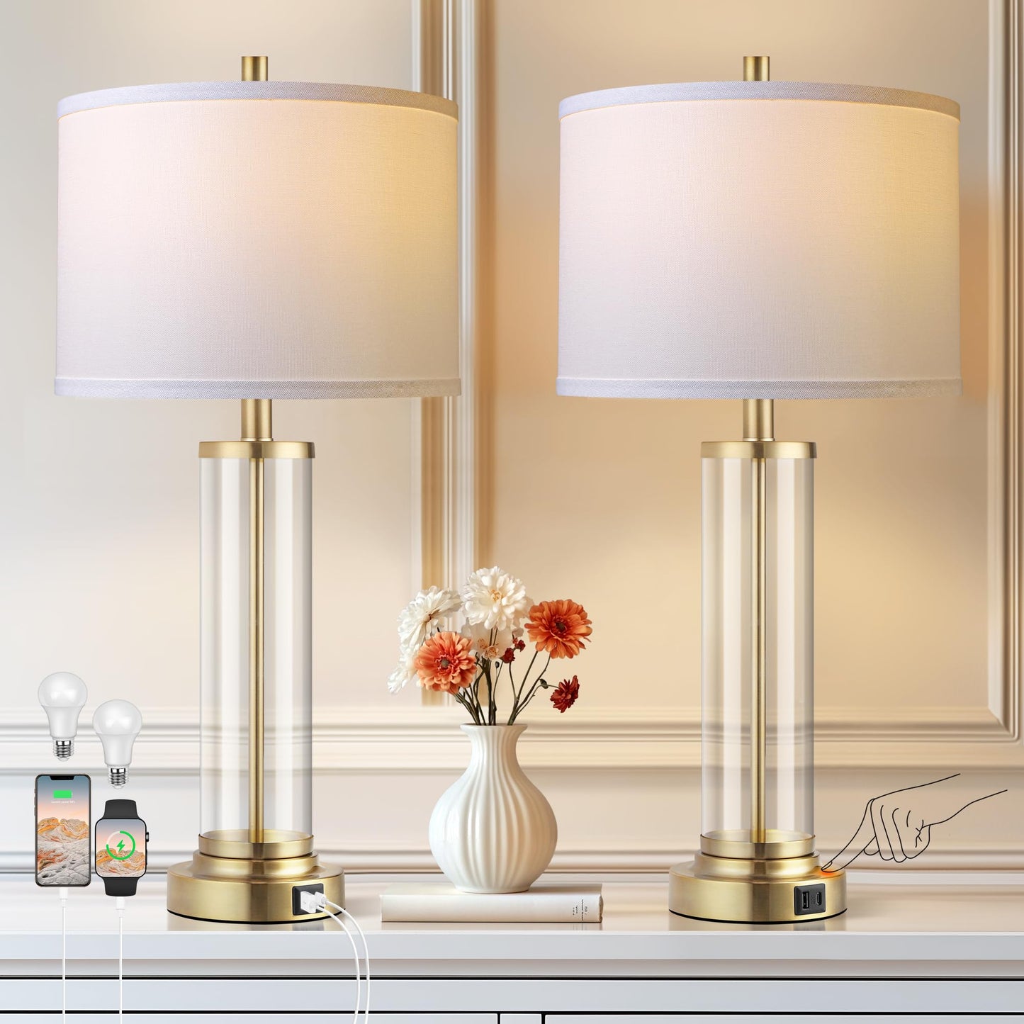 QiMH Lamps for Bedrooms Set of 2, Touch Control Table Lamps with USB A+C Ports, 3-Way Dimmable Bedside Lamp with Fabric Lampshade, Modern Nightstand Lamp for Living Room Bedroom (LED Bulbs Included)