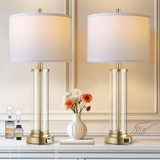 QiMH Lamps for Bedrooms Set of 2, Touch Control Table Lamps with USB A+C Ports, 3-Way Dimmable Bedside Lamp with Fabric Lampshade, Modern Nightstand Lamp for Living Room Bedroom (LED Bulbs Included)