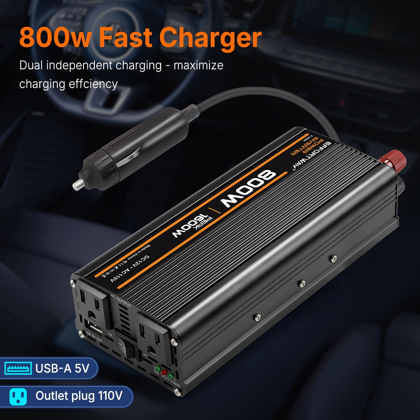 EFFORTWAY 800W Power Inverter, Inverter 12V to 110V with 2 AC Outlets, 2.1A USB Port, Car Power Inverter with Alligator Battery Clamp for Phone, Laptop on Camping, Road Trip