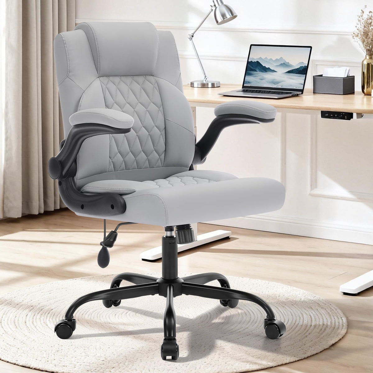 Office Chair with Adjustable Inflatable Lumbar Support,Leather Ergonomic Computer Desk Chair with Flip-up Arms,Adjustable Tilt Lock,Swivel Rolling Executive PC Chair for Work,Study,Meeting.Grey