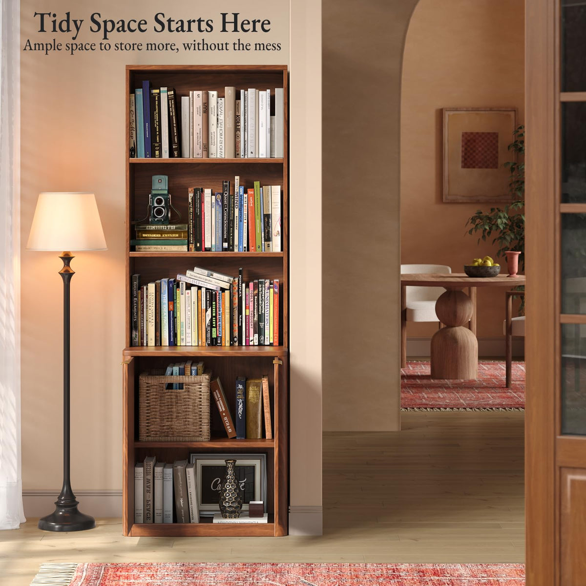 Hootata 71" Walnut Bookcase with Doors, 5 Tier Fluted Tall Bookshelf with Storage, Librero with Cabinet for Home Office, Living Room,or Bedroom