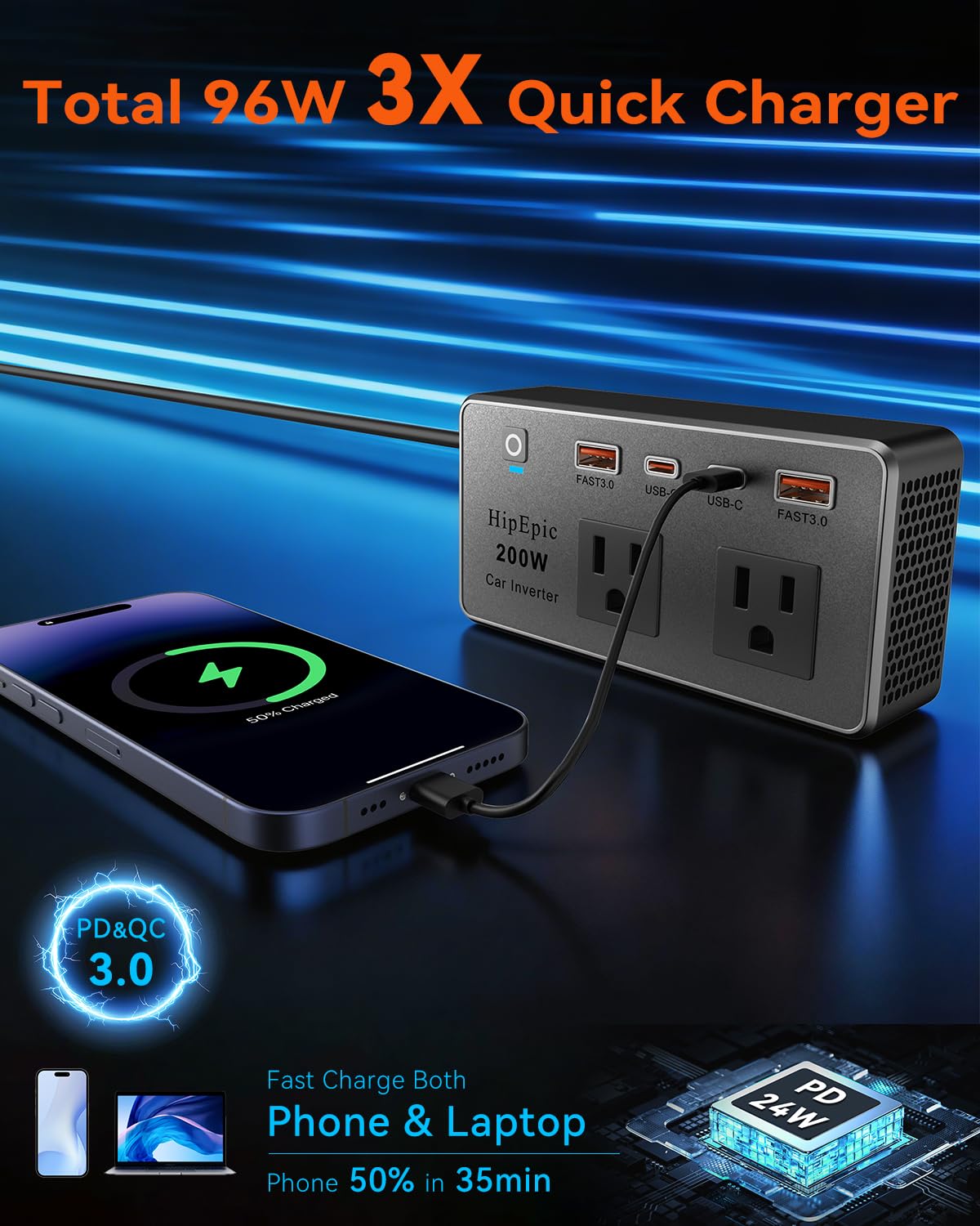 HipEpic 200W Car Power Inverter 12V to 110V Fast Charging, Car Outlet Adapter to Plug 24W USB A/C & Dual AC - 6 in 1 for Laptop Phone, Power Inverters for Vehicle Road Trips Camping (Silver-Black)