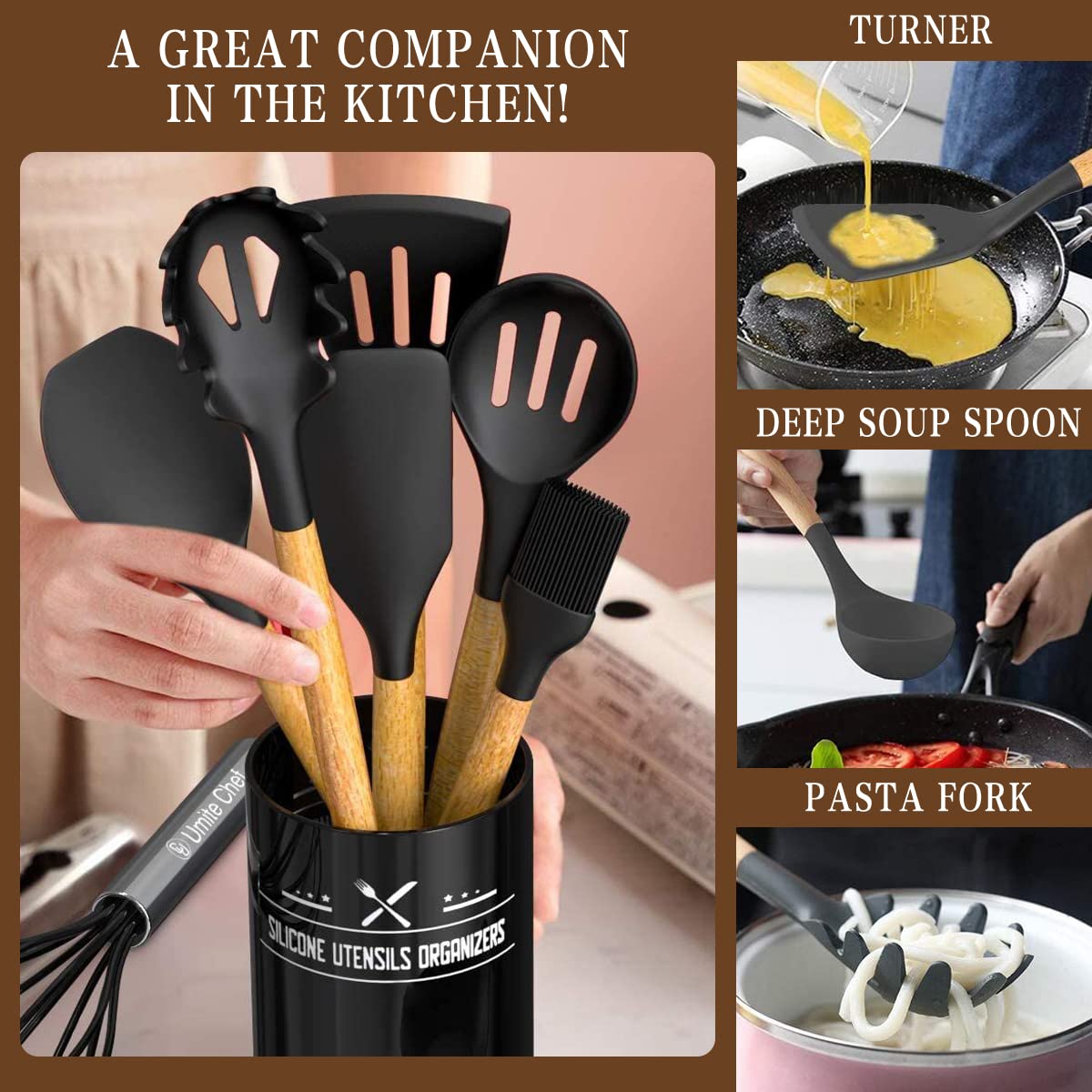 Umite Chef Kitchen Cooking Utensils Set, 33 pcs Non-Stick Silicone Cooking Kitchen Spatula Set with Holder, Wooden Handle Silicone Kitchen Gadgets Utensil Set (Black)