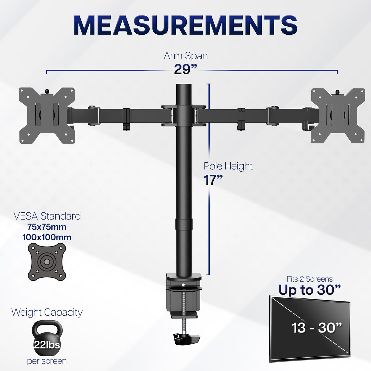 VIVO Dual Monitor Desk Mount, Holds 2 Computer Screens up to 30 inches and 22lbs Each, Heavy Duty Fully Adjustable Steel Stand with C-Clamp and Grommet, Black, STAND-V002
