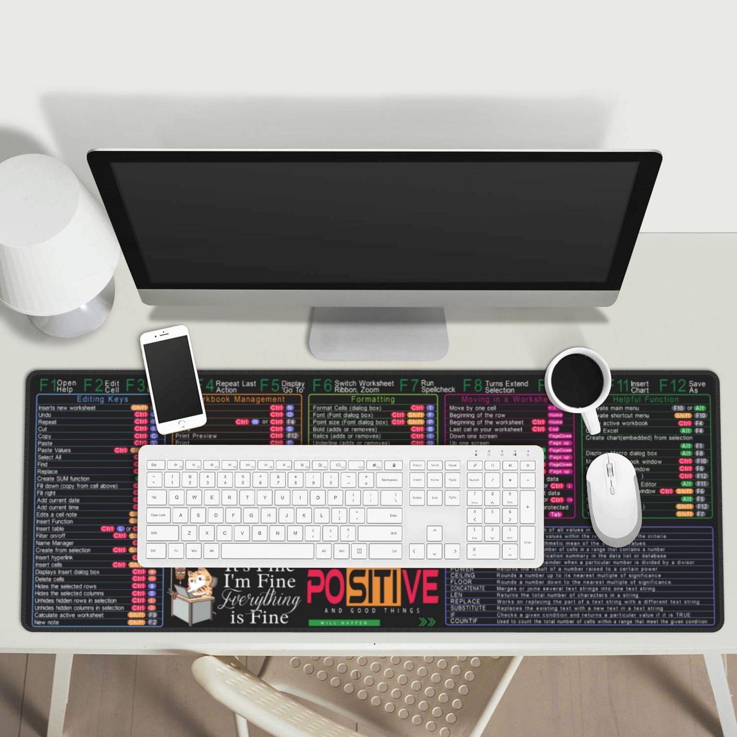 Aoojanu Excel Shortcut Keys Mouse Pad - 31.5 X 11.8 Inch XL Cheat Sheet Gaming Mousepad | PC Office Spreadsheet Keyboard Mat | Non-Slip Stitched Edge