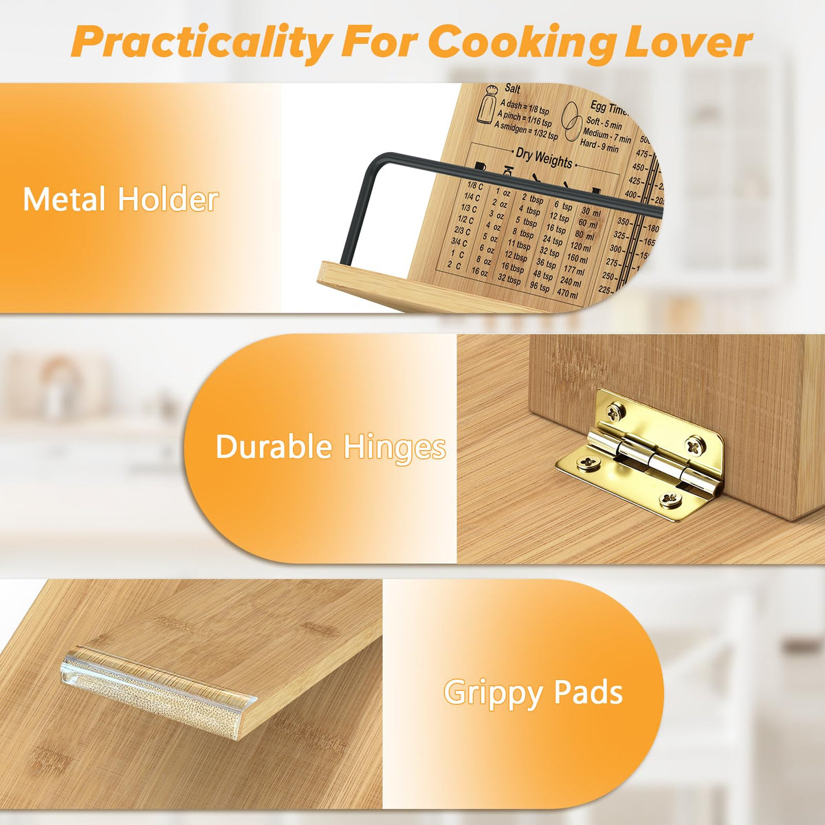Zaldia Cookbook Stand-Wooden Recipe Book Holder, Adjustable Cooking Book Stand for Kitchen Counter, Recipe Card Holder Shelf with Measurement Conversion Chart, Nice Gift for Cooking Lover,Wood