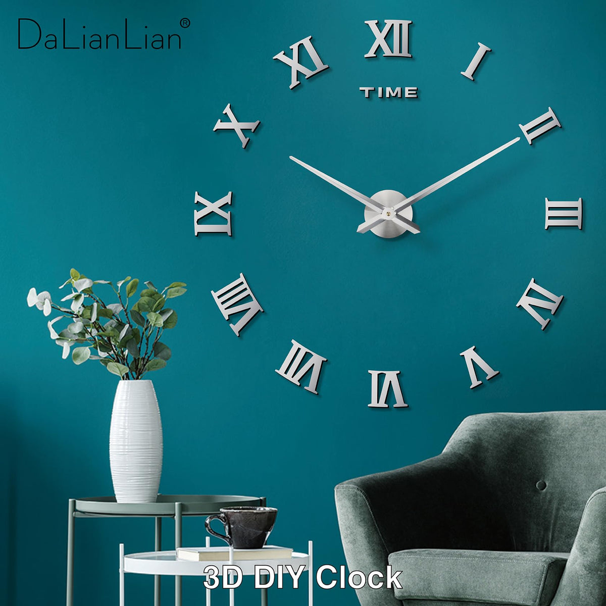 DaLianLian DIY Wall Clock Large Frameless 3D Clock Mirror Effect Classical Roman Numerals Wall Sticker Metal Hands Silent Quartz Movement Decor for Living Room, Bedroom, Office (Silver)