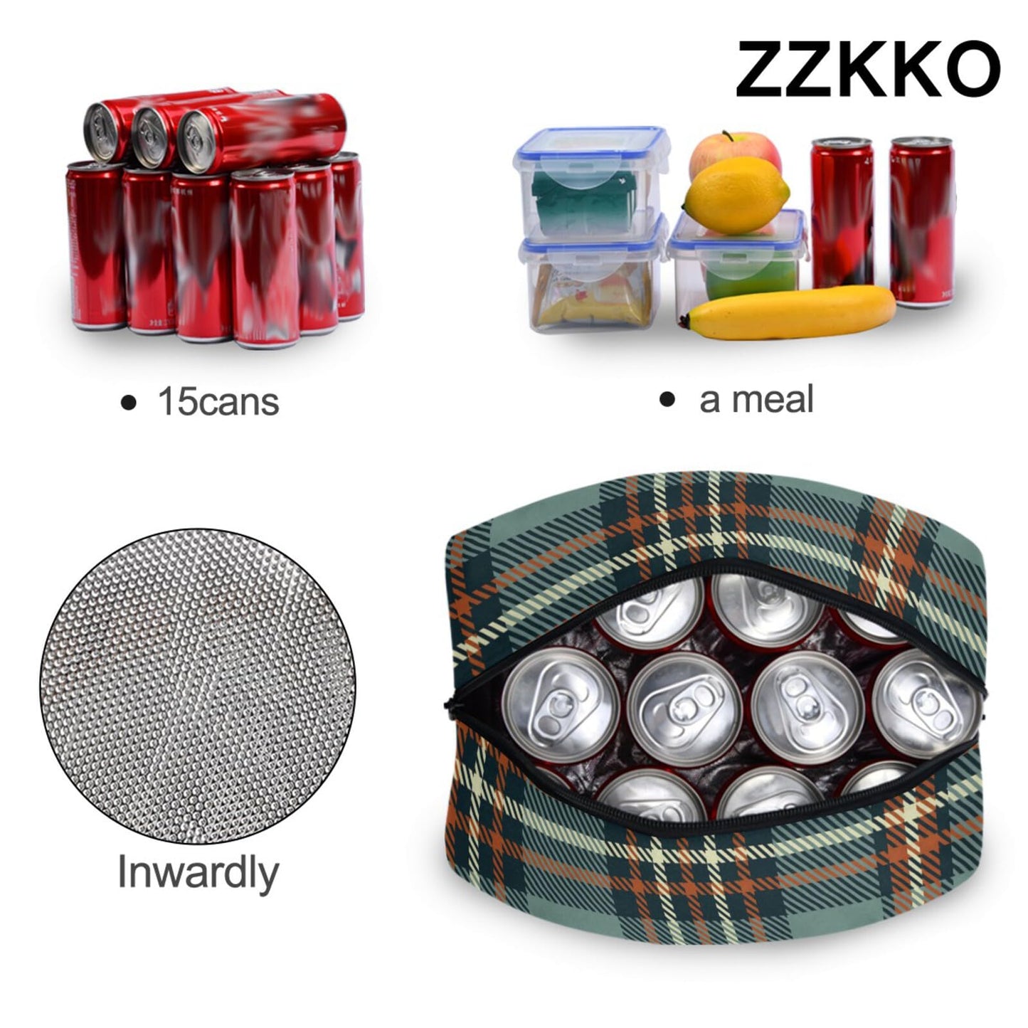 ZZKKO Plaid Tartan Lunch Bag Box Tote Organizer Lunch Container Insulated Zipper Meal Prep Cooler Handbag For Women Men Home School Office Outdoor Use